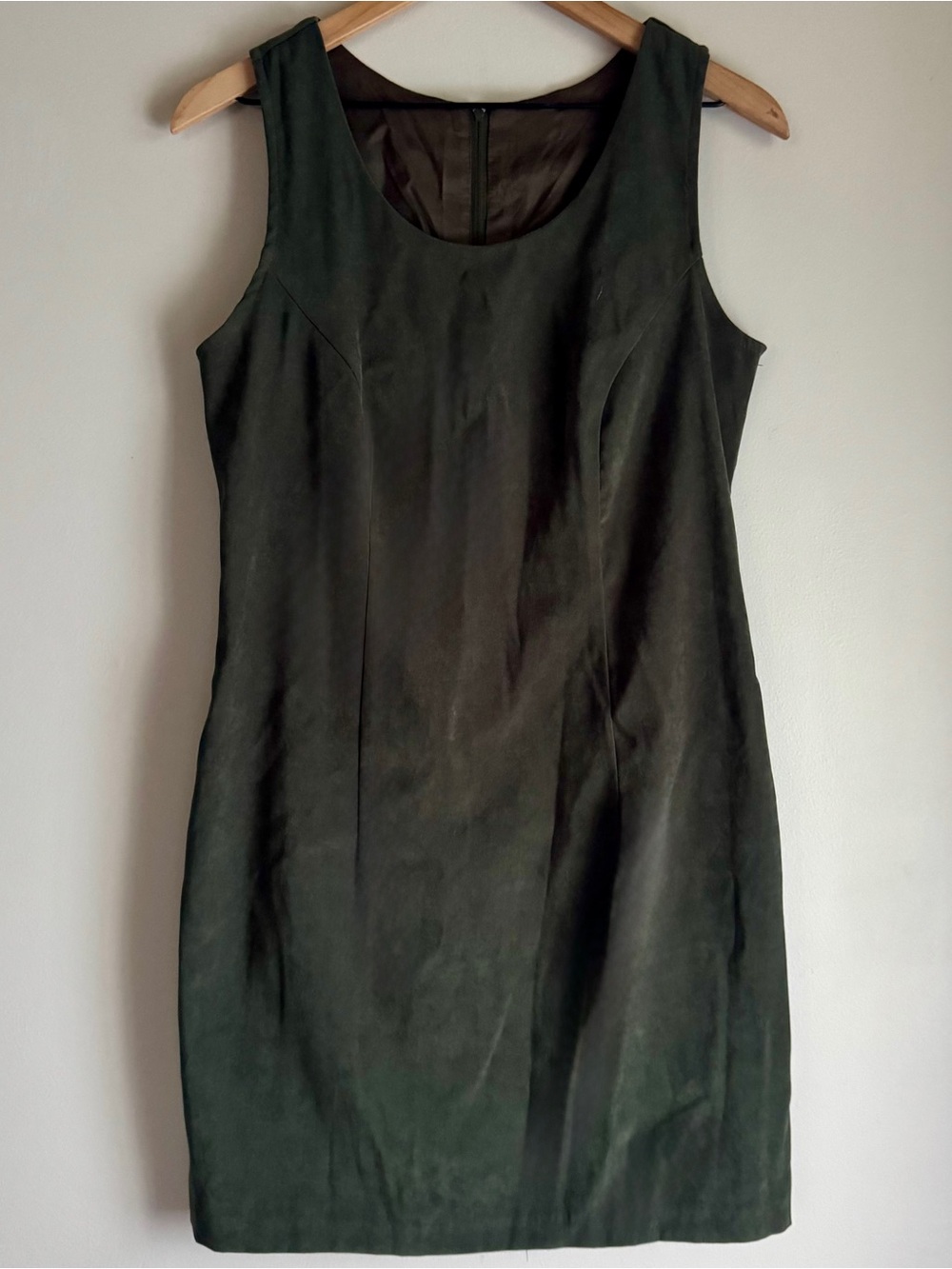 Vintage 90’s Faux Suede Classic Olive Green Sleeveless Sheath Mini Dress Size 14